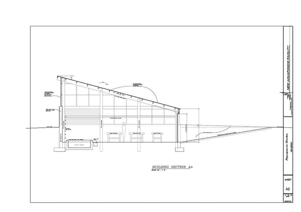Sheet A2 — Building Section AA showing fish pond, water fed trays, passive solar roof structure, and interior spatial layout