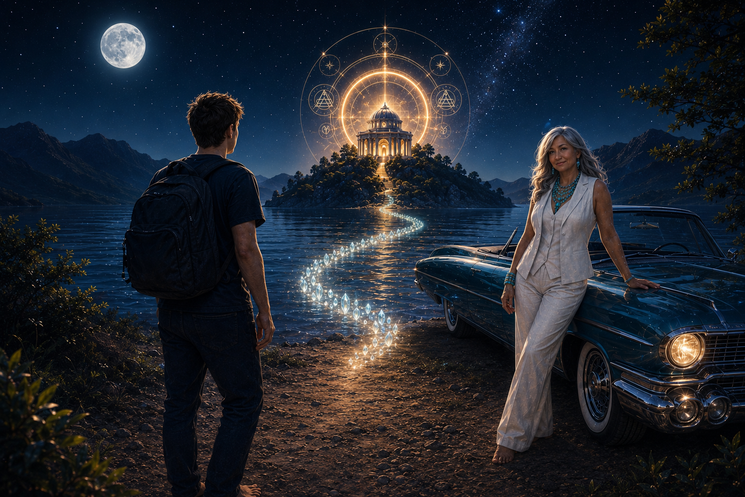 She's a Caddy of Light — whitewalls, sharkfins, moonlight on the water